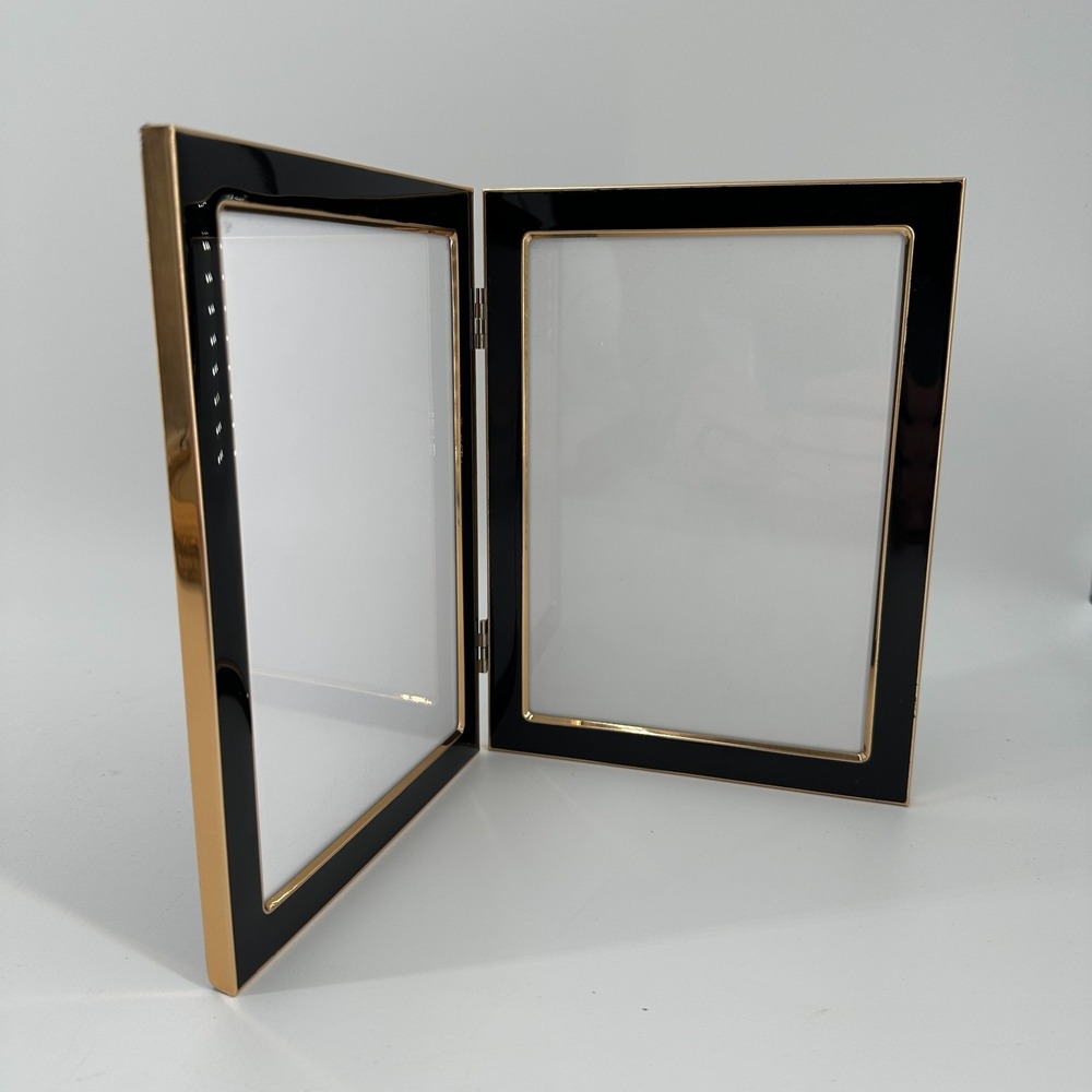 Vintage Brass Gold Metal Black 5x7 Hinged Double Picture Frame Photo Display MCM